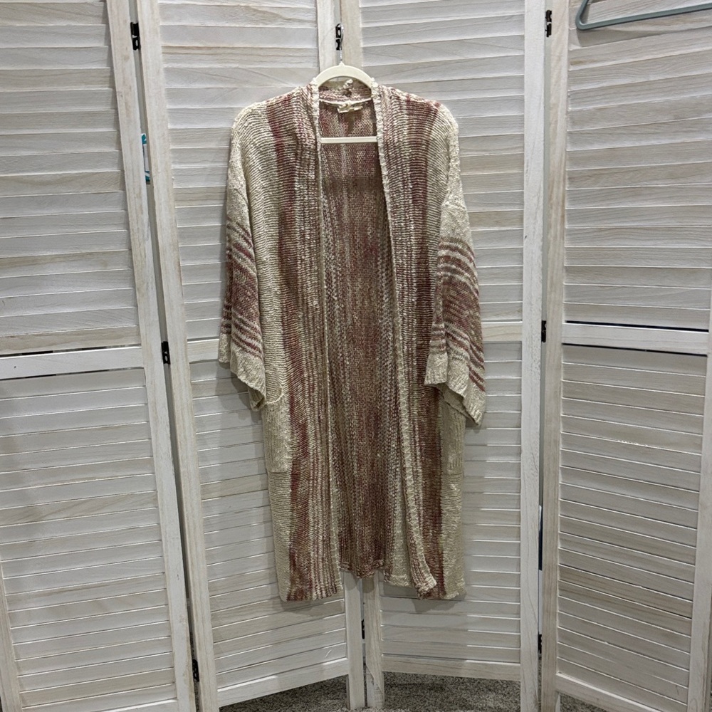Neutral Cream & Dusty Rose Knit Open Cardigan Sweater